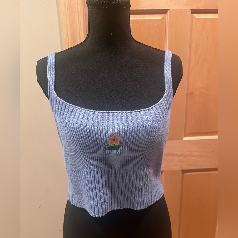 La Hearts Blue Knit Crop Tank Top Flower Patch Cotton Dainty Coquette Feminine M